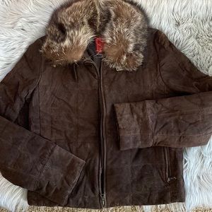 Adorable Cole Haan brown suede bomber jacket with fur collar. Size small